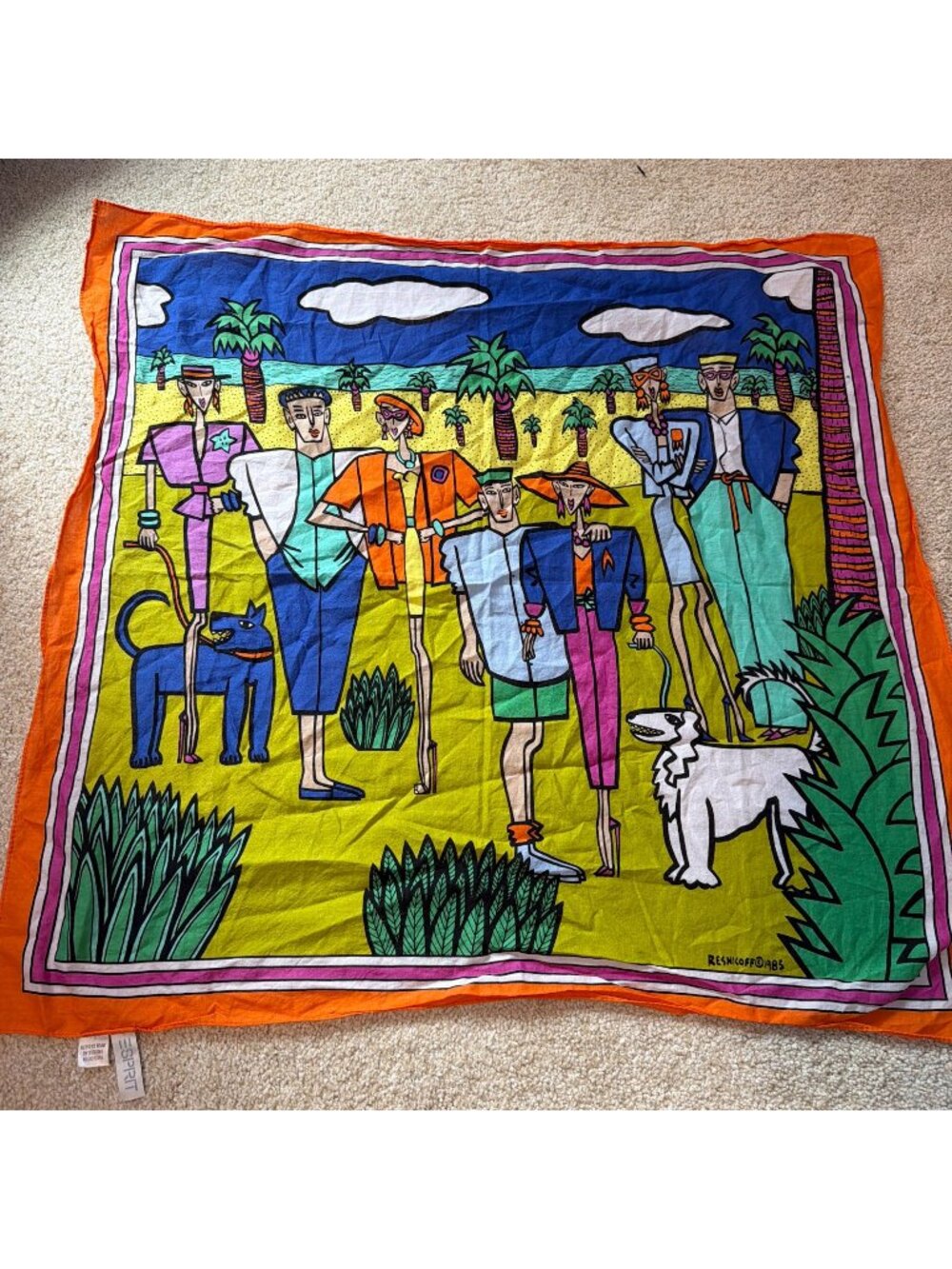 Vintage Esprit Scarf Resnicoff 1985 Beach Pop Art Cotton Bandana Handkerchief 25 - Picture 1 of 6
